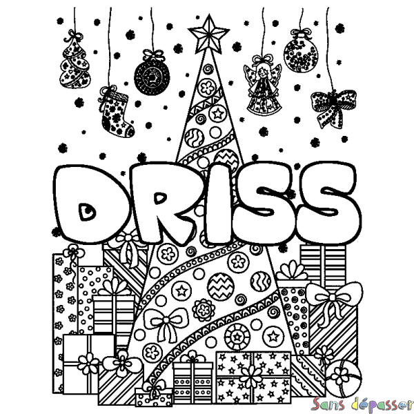 Coloriage prénom DRISS - d&eacute;cor Sapin et Cadeaux