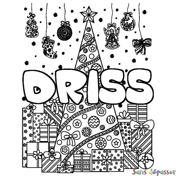 Coloriage pr&eacute;nom DRISS - d&eacute;cor Sapin et Cadeaux