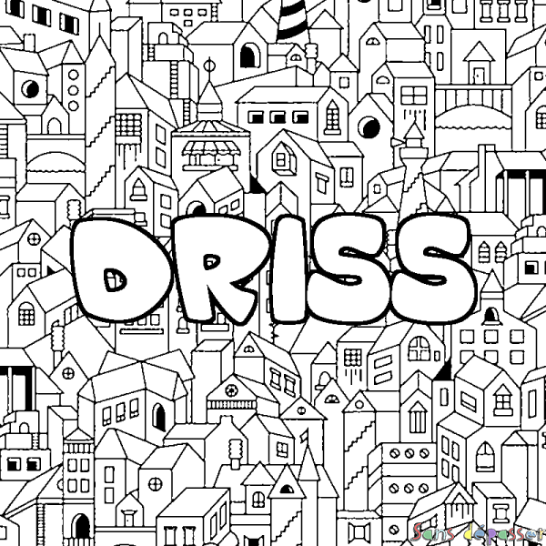 Coloriage pr&eacute;nom DRISS - d&eacute;cor Ville