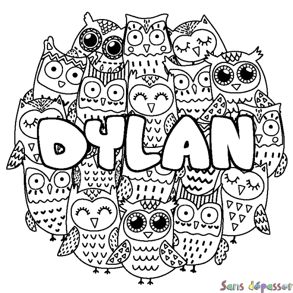 Coloriage prénom DYLAN - d&eacute;cor Chouettes
