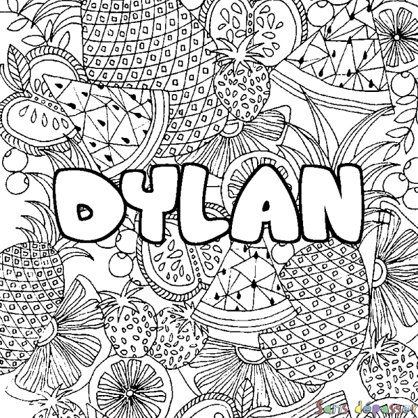 Coloriage prénom DYLAN - d&eacute;cor Mandala fruits