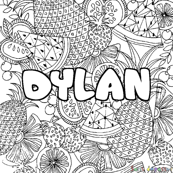 Coloriage pr&eacute;nom DYLAN - d&eacute;cor Mandala fruits