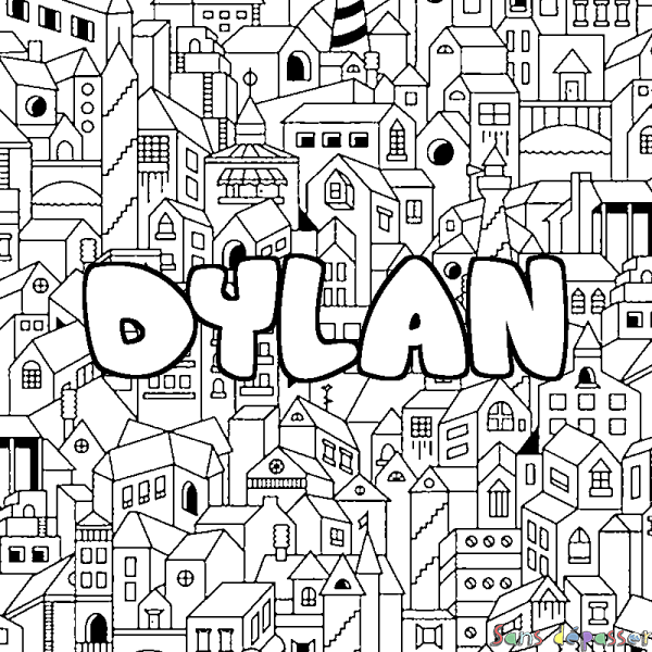 Coloriage prénom DYLAN - d&eacute;cor Ville