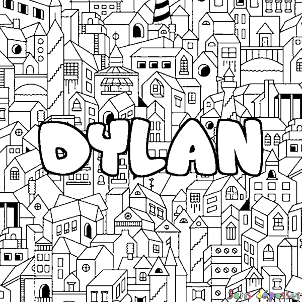 Coloriage pr&eacute;nom DYLAN - d&eacute;cor Ville