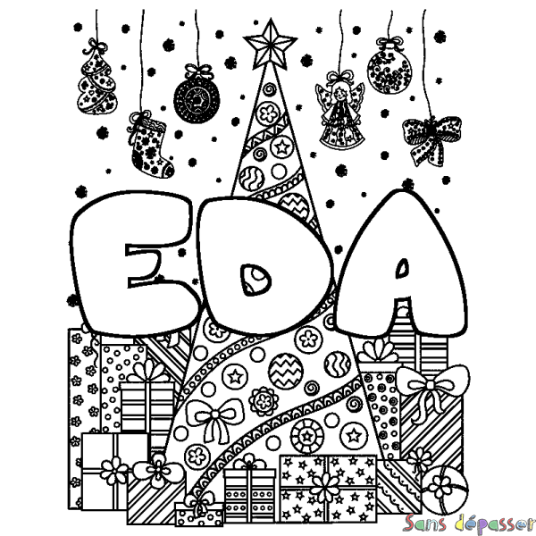 Coloriage prénom EDA - d&eacute;cor Sapin et Cadeaux