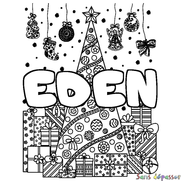 Coloriage prénom EDEN - d&eacute;cor Sapin et Cadeaux