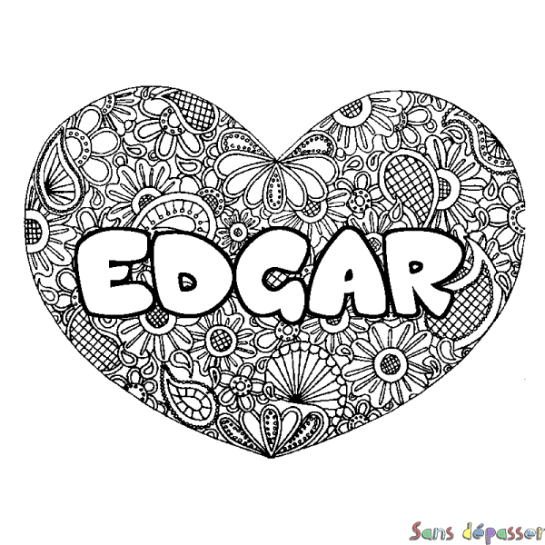 Coloriage pr&eacute;nom EDGAR - d&eacute;cor Mandala coeur