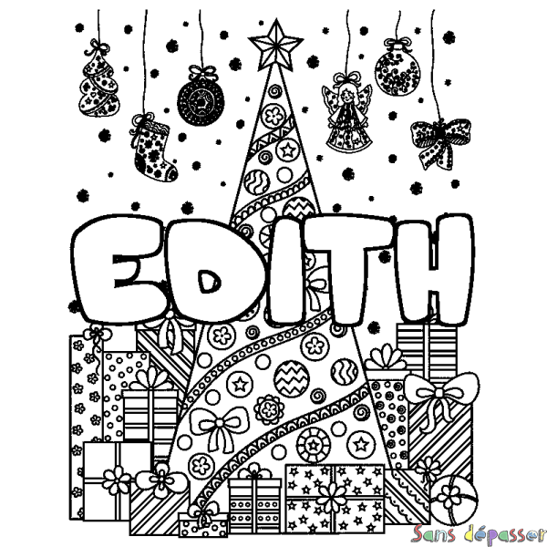 Coloriage pr&eacute;nom EDITH - d&eacute;cor Sapin et Cadeaux