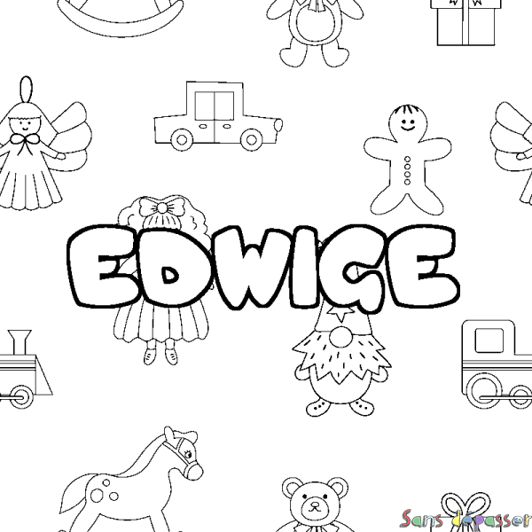 Coloriage pr&eacute;nom EDWIGE - d&eacute;cor Jouets
