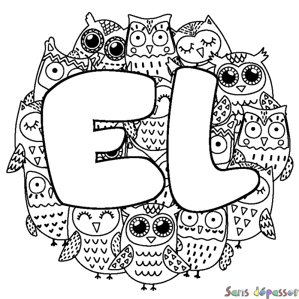 Coloriage pr&eacute;nom EL - d&eacute;cor Chouettes