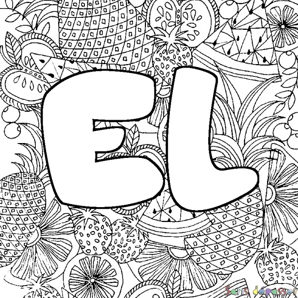Coloriage pr&eacute;nom EL - d&eacute;cor Mandala fruits
