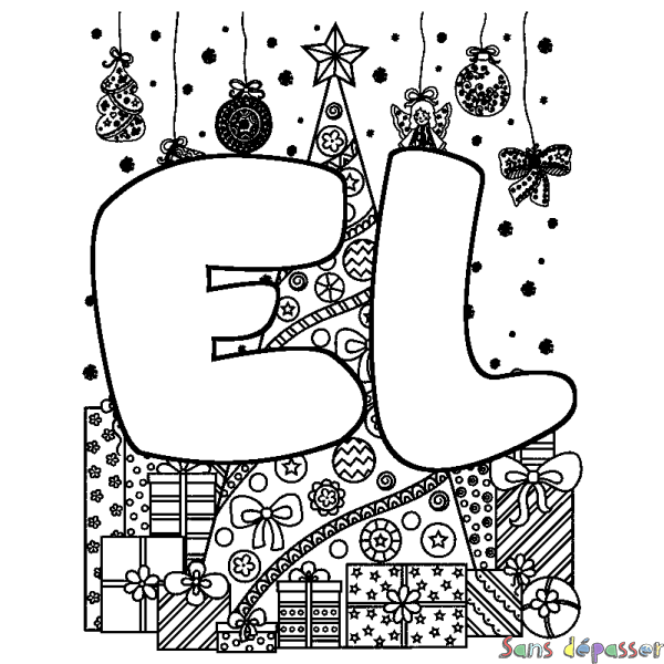 Coloriage pr&eacute;nom EL - d&eacute;cor Sapin et Cadeaux