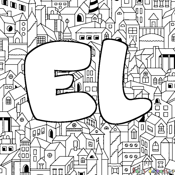 Coloriage pr&eacute;nom EL - d&eacute;cor Ville