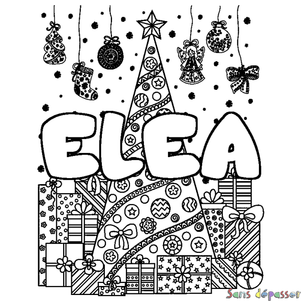 Coloriage prénom ELEA - d&eacute;cor Sapin et Cadeaux