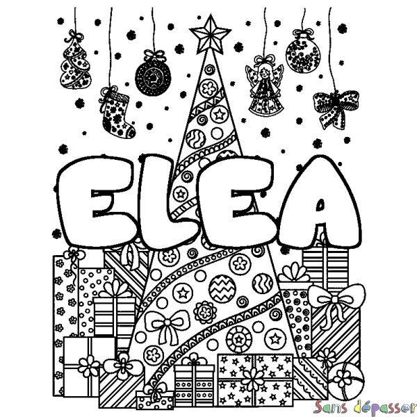 Coloriage pr&eacute;nom ELEA - d&eacute;cor Sapin et Cadeaux