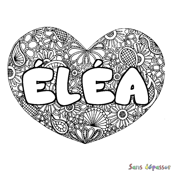 Coloriage pr&eacute;nom &Eacute;L&Eacute;A - d&eacute;cor Mandala coeur