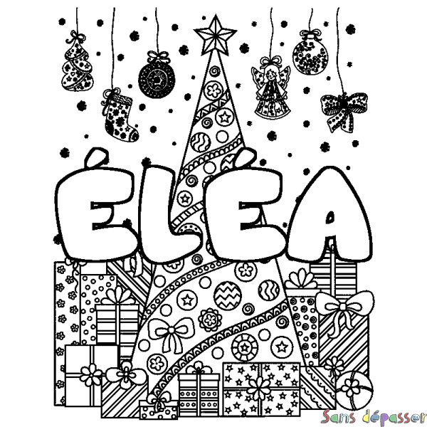 Coloriage pr&eacute;nom &Eacute;L&Eacute;A - d&eacute;cor Sapin et Cadeaux