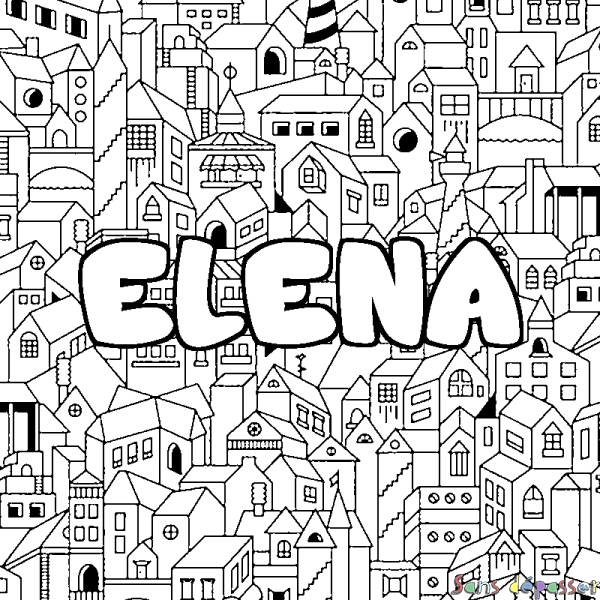 Coloriage pr&eacute;nom ELENA - d&eacute;cor Ville
