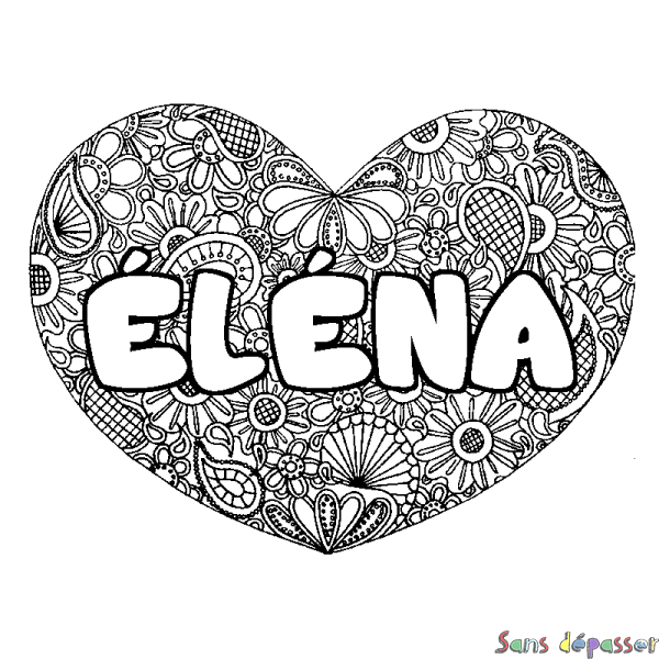 Coloriage pr&eacute;nom &Eacute;L&Eacute;NA - d&eacute;cor Mandala coeur