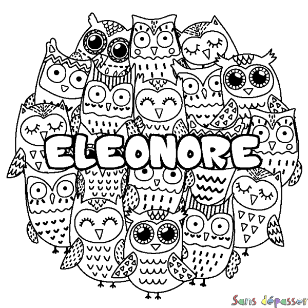 Coloriage pr&eacute;nom ELEONORE - d&eacute;cor Chouettes