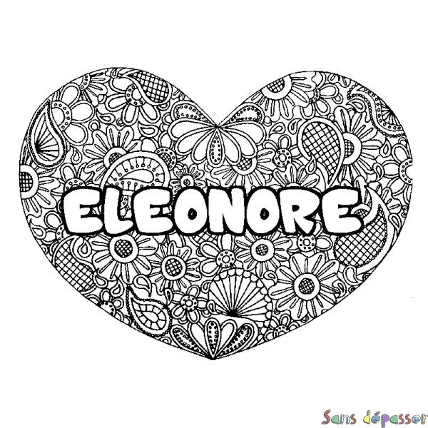 Coloriage pr&eacute;nom ELEONORE - d&eacute;cor Mandala coeur