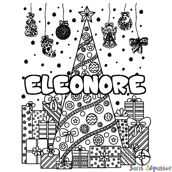 Coloriage pr&eacute;nom ELEONORE - d&eacute;cor Sapin et Cadeaux