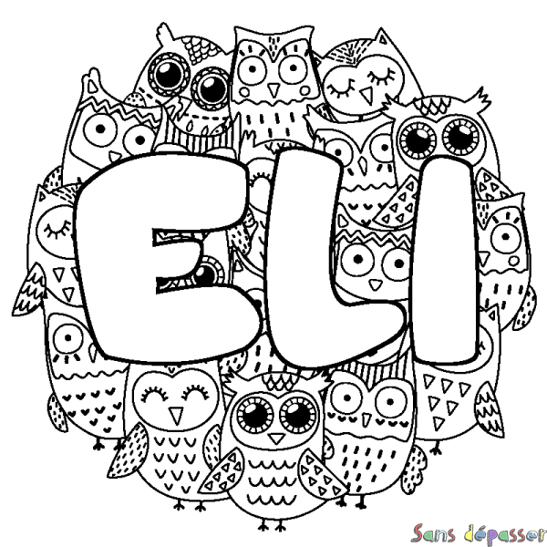Coloriage pr&eacute;nom ELI - d&eacute;cor Chouettes