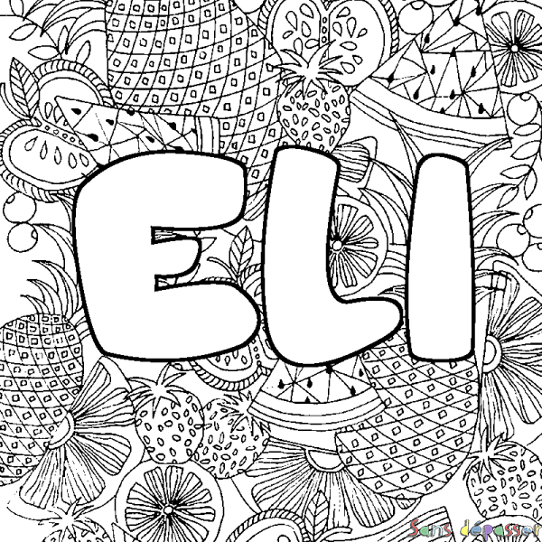 Coloriage pr&eacute;nom ELI - d&eacute;cor Mandala fruits
