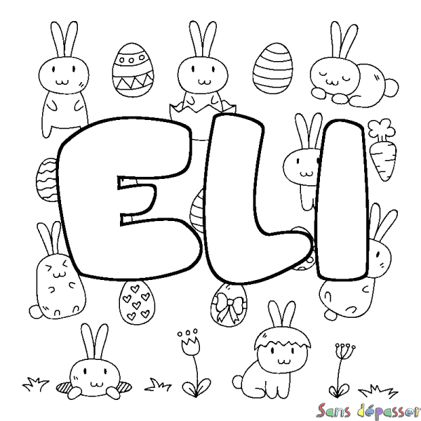 Coloriage pr&eacute;nom ELI - d&eacute;cor Paques