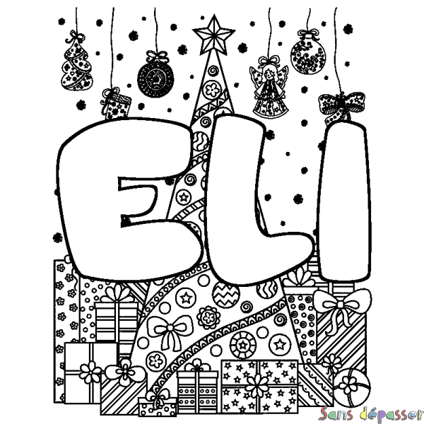 Coloriage pr&eacute;nom ELI - d&eacute;cor Sapin et Cadeaux