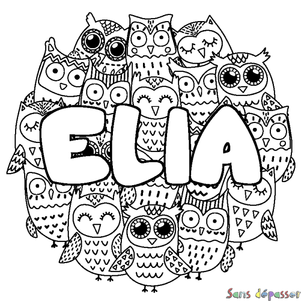 Coloriage pr&eacute;nom ELIA - d&eacute;cor Chouettes