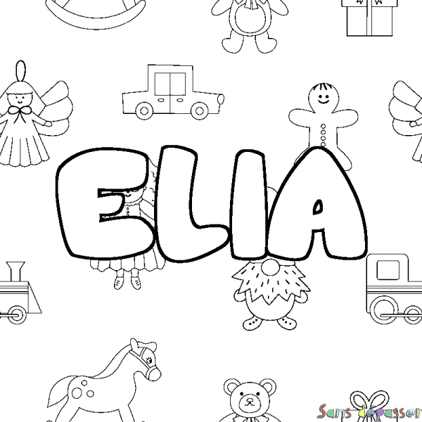 Coloriage pr&eacute;nom ELIA - d&eacute;cor Jouets