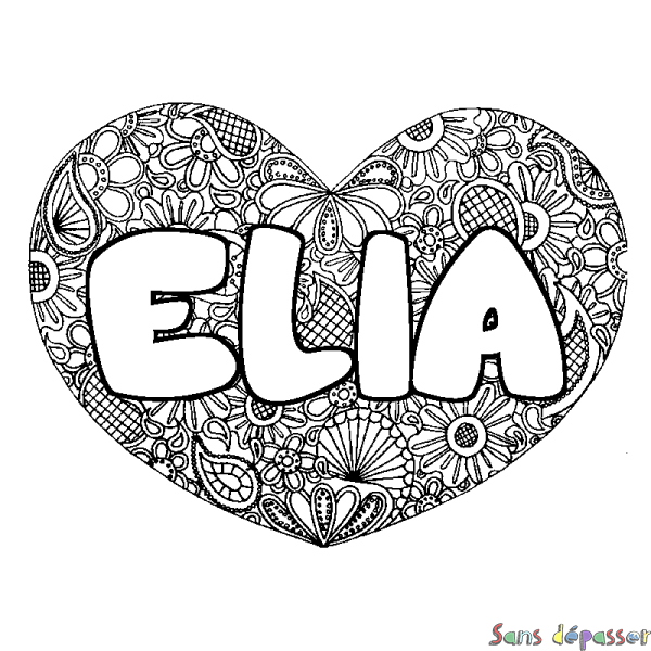 Coloriage pr&eacute;nom ELIA - d&eacute;cor Mandala coeur