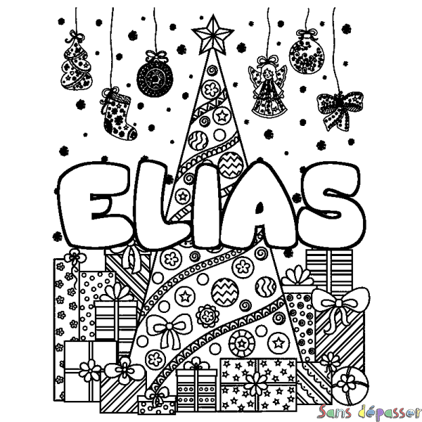 Coloriage pr&eacute;nom ELIAS - d&eacute;cor Sapin et Cadeaux