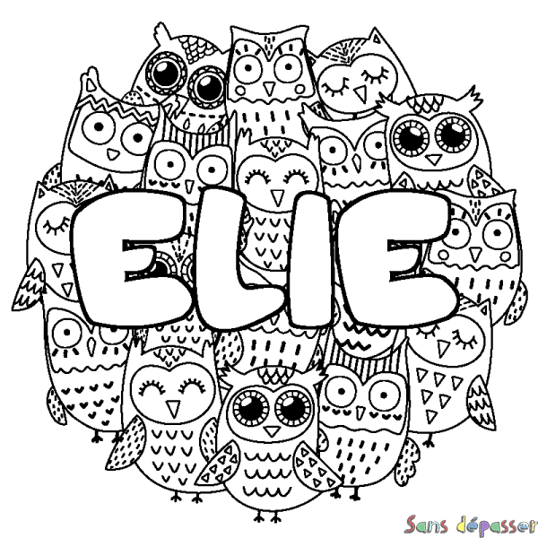 Coloriage pr&eacute;nom ELIE - d&eacute;cor Chouettes