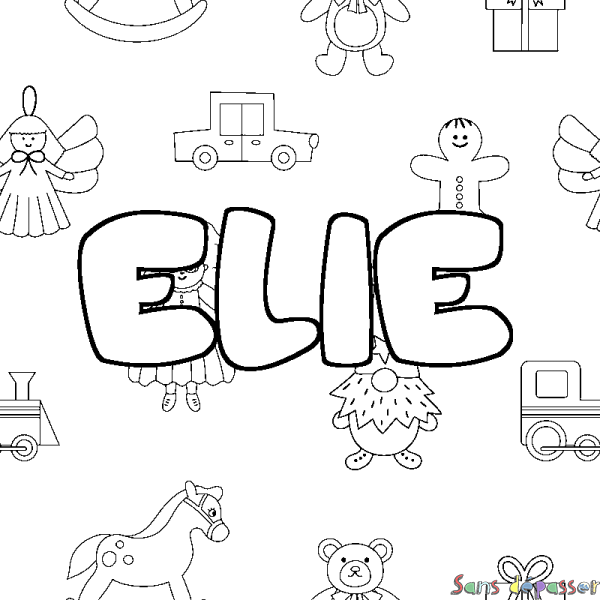 Coloriage pr&eacute;nom ELIE - d&eacute;cor Jouets
