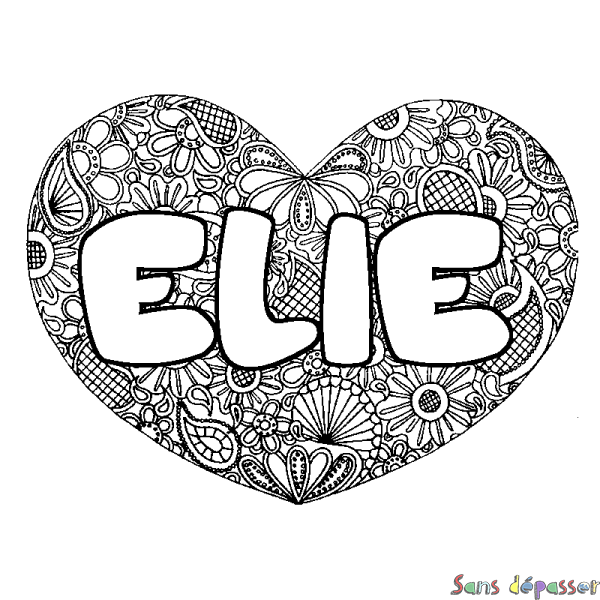 Coloriage pr&eacute;nom ELIE - d&eacute;cor Mandala coeur