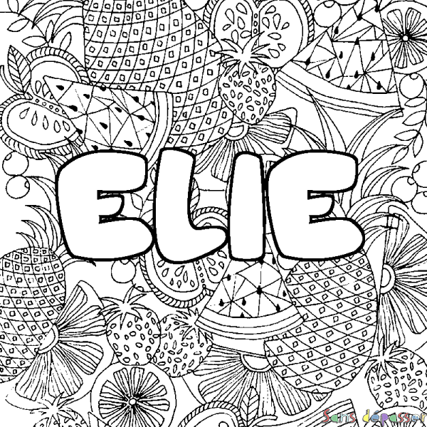 Coloriage pr&eacute;nom ELIE - d&eacute;cor Mandala fruits