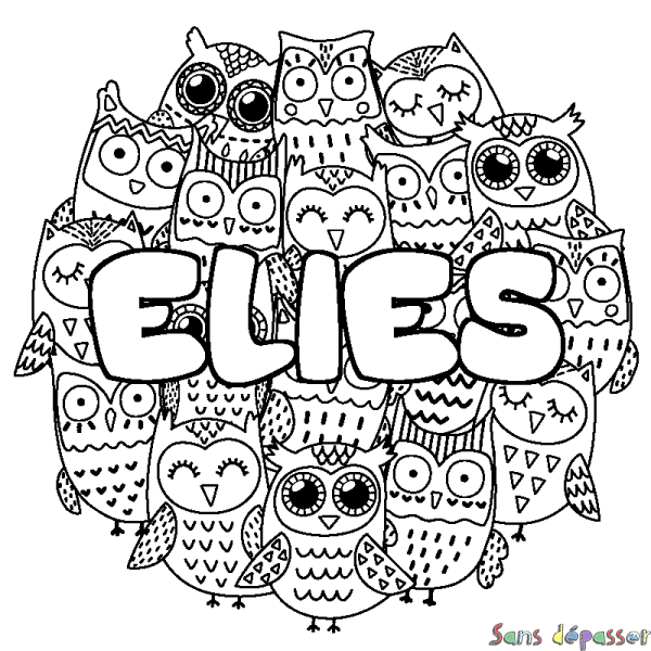 Coloriage pr&eacute;nom ELIES - d&eacute;cor Chouettes