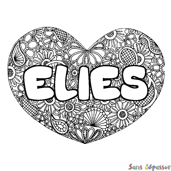 Coloriage pr&eacute;nom ELIES - d&eacute;cor Mandala coeur