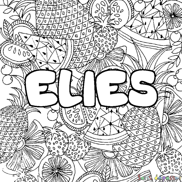 Coloriage pr&eacute;nom ELIES - d&eacute;cor Mandala fruits