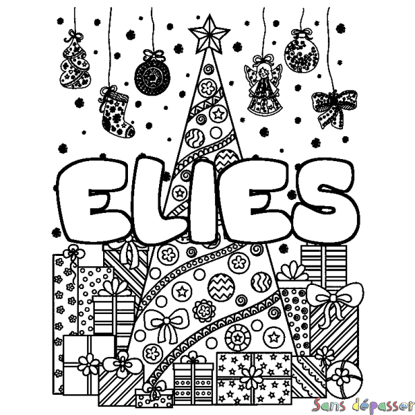 Coloriage pr&eacute;nom ELIES - d&eacute;cor Sapin et Cadeaux