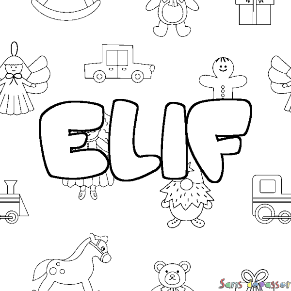 Coloriage pr&eacute;nom ELIF - d&eacute;cor Jouets