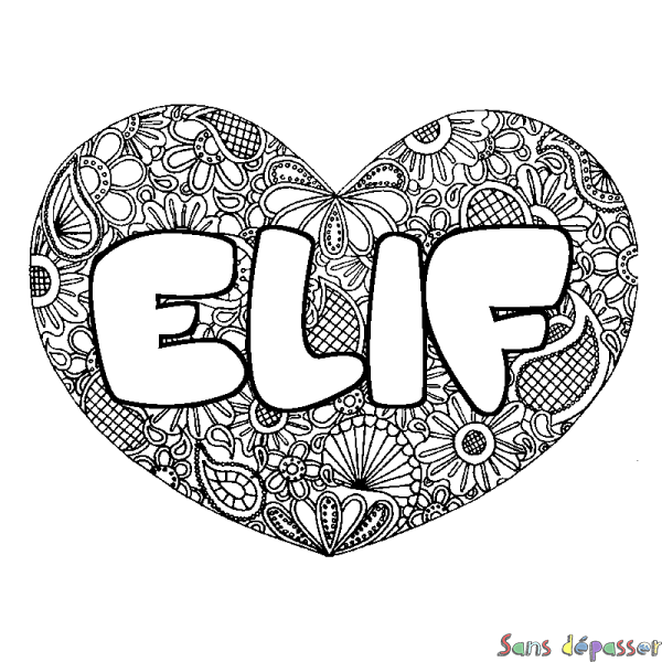 Coloriage pr&eacute;nom ELIF - d&eacute;cor Mandala coeur
