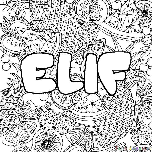 Coloriage pr&eacute;nom ELIF - d&eacute;cor Mandala fruits