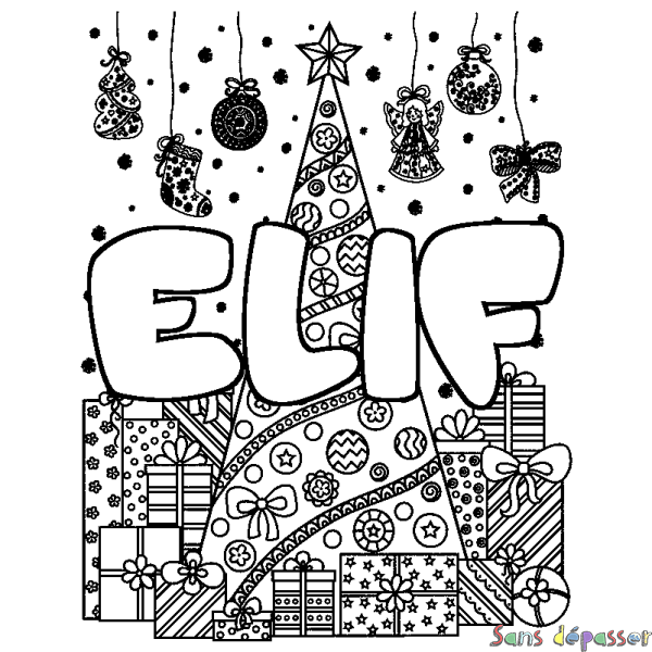Coloriage pr&eacute;nom ELIF - d&eacute;cor Sapin et Cadeaux