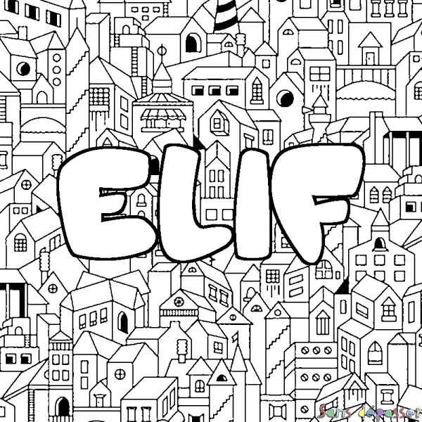 Coloriage pr&eacute;nom ELIF - d&eacute;cor Ville