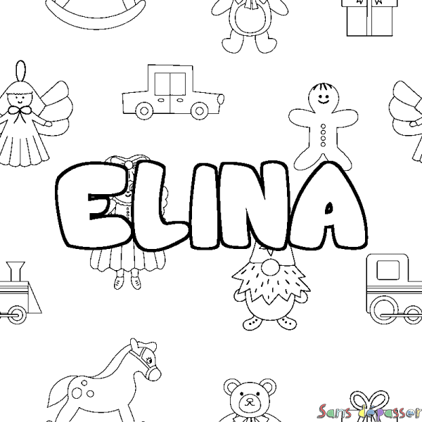 Coloriage pr&eacute;nom ELINA - d&eacute;cor Jouets
