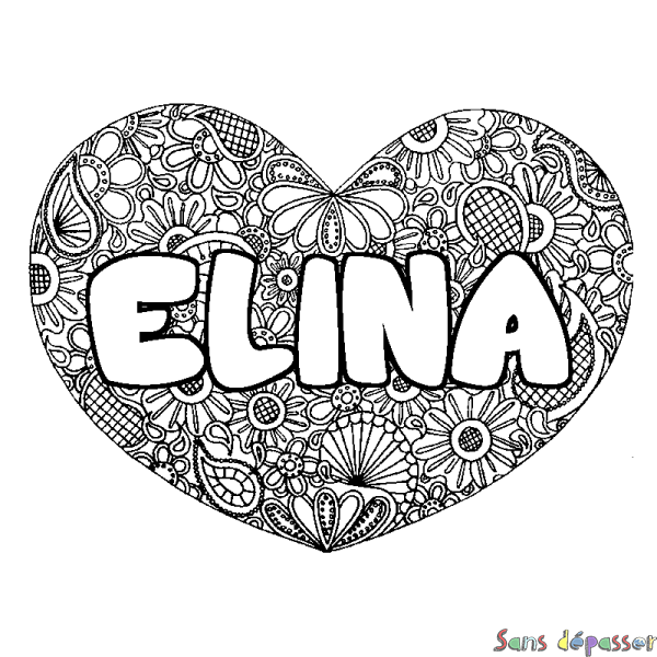 Coloriage pr&eacute;nom ELINA - d&eacute;cor Mandala coeur