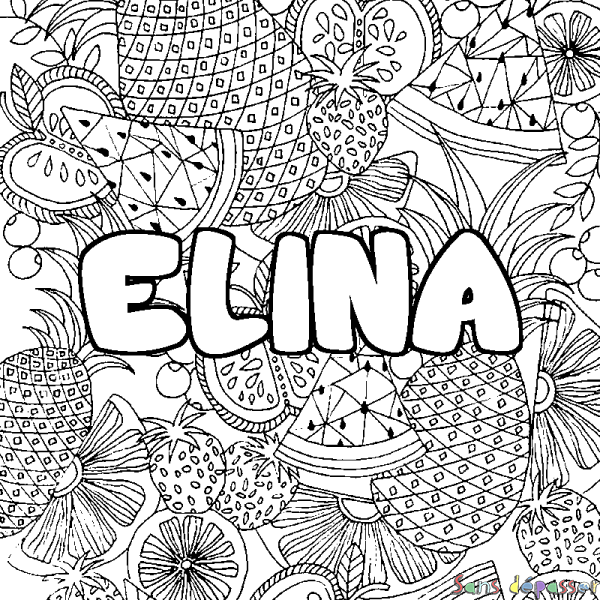 Coloriage pr&eacute;nom ELINA - d&eacute;cor Mandala fruits